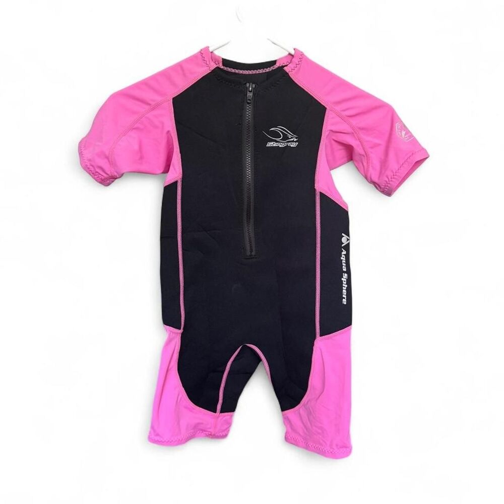 Aqua Sphere Stingray Kids Wetsuit Size 10 Pink Black Shorty UPF 50+ Swim Surf